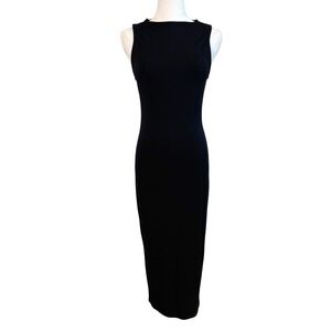 Black Bead Sleeveless Bodycon Midi Dress Black Boat Neck Stretch Jersey XS